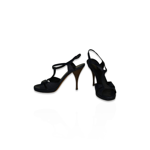 Yves Saint Laurent YSL Women's Navy Strappy with Wood Heels - Used - Size 39 - Picture 2 of 6